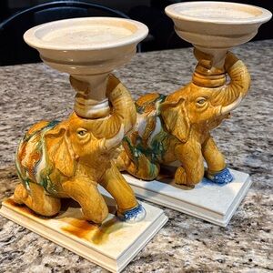 Elephant Ceramic Candle Holders - Tan/Yellow and Blue